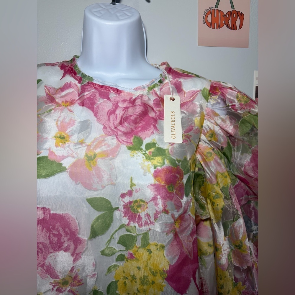 Olivaceous Sheer Floral Puff-Sleeve Blouse in Pink, Yellow & Green - Picture 5 of 7